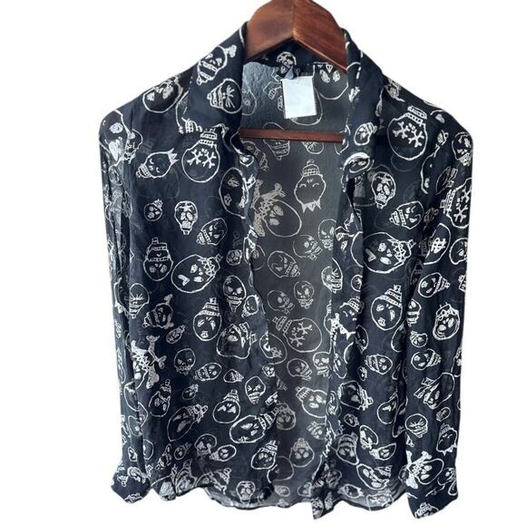 Love Culture Black Sheer Skull Print Blouse M Goth Grunge Mesh Shirt $65 - Picture 1 of 3